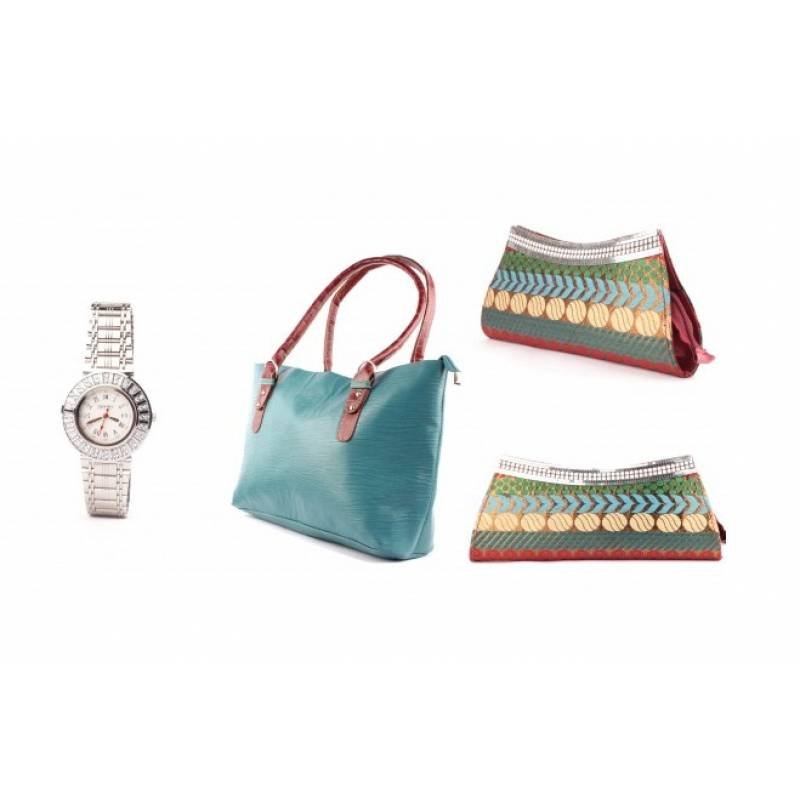 Combo of Seagreen Handbag + Banarsi Clutch + Women's Steel Watch